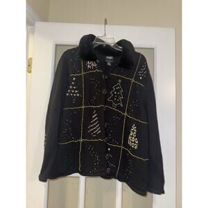 Designers Originals Black Knit Cardigan Beaded Christmas Trees Fur Collar Sz 2X